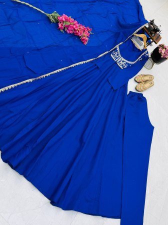 Trending Royal Blue Pure Roman Silk Gown With Jacket