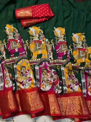 Trending Silk Dark Green Color Saree and Blouse