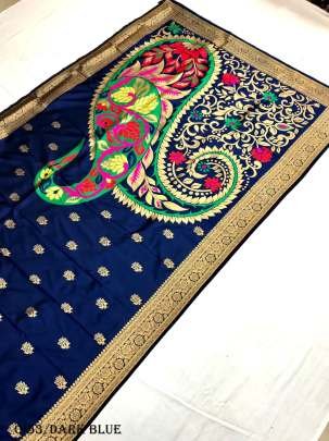 Trending Soft Lichi Silk Dark Blue Saree Pallu
