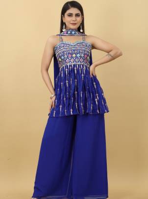 Trending Sweetheart Blue Strap Top Palazzo With Dupatta Set