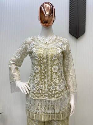 Trending White Indo Western Type Net Palazzo 3 Piece Set