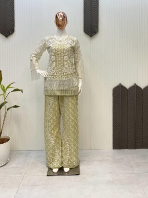 Trending White Indo Western Type Net Palazzo 3 Piece Set
