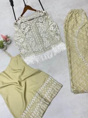 Trending White Indo Western Type Net Palazzo 3 Piece Set