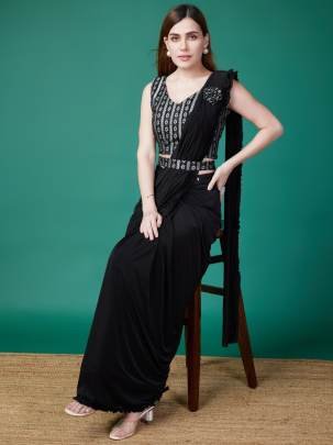 Trendy Black Ready to Wear Saree with Frill Border