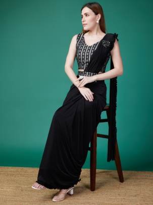 Trendy Black Ready to Wear Saree with Frill Border