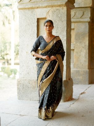 Trendy black Soft Silk Hand Bandhej saree