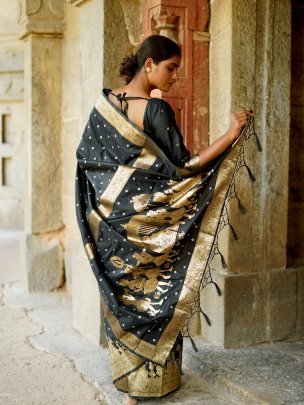 Trendy black Soft Silk Hand Bandhej saree