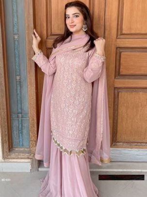 Trendy Georgette Sequence Embroidery Suit Set with Stitched Sharara and Dupatta