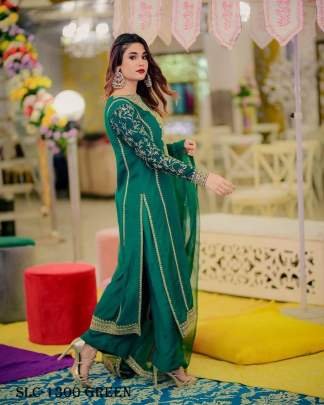 Trendy Georgette Sequin Embroidery Work Green Kurti Palazzo Set