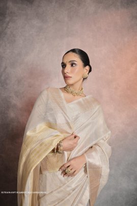 Trendy Resham Zari Woven Cream Silk Saree Festive Wear