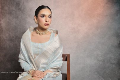 Trendy Resham Zari Woven Sky Blue Silk Saree Festive Wear