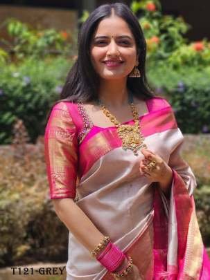 Trendy Women Wear Grey Soft Lichi Silk Saree