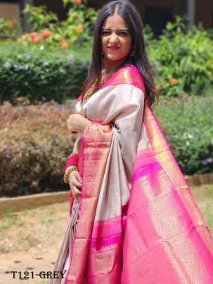 Trendy Women Wear Grey Soft Lichi Silk Saree