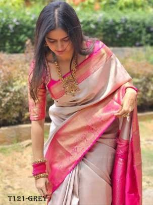 Trendy Women Wear Grey Soft Lichi Silk Saree