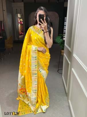 Trendy Zari weaving work pure viscose Yellow Paithani saree