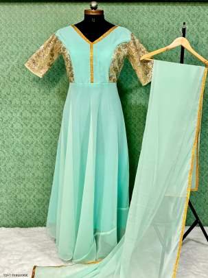 Turquoise Coding Work Georgette Gown With Dupatta