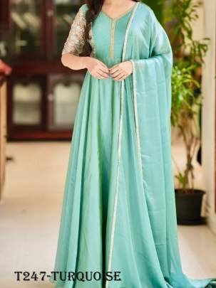 Turquoise Coding Work Georgette Gown With Dupatta