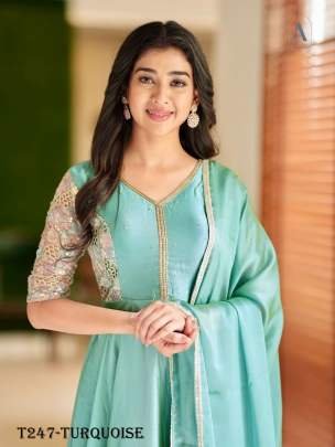 Turquoise Coding Work Georgette Gown With Dupatta