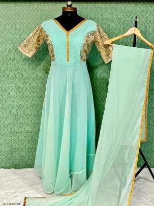 Turquoise Coding Work Georgette Gown With Dupatta
