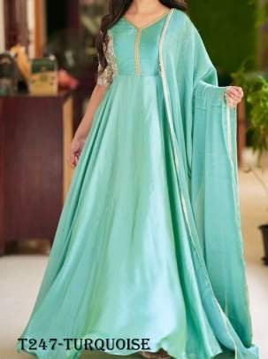 Turquoise Coding Work Georgette Gown With Dupatta
