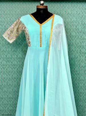 Turquoise Coding Work Georgette Gown With Dupatta
