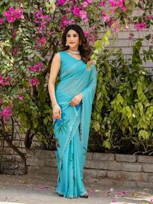 Turquoise Floral Elegance Designer Printed Saree