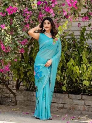 Turquoise Floral Elegance Designer Printed Saree