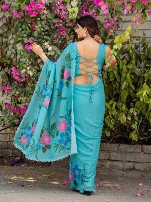 Turquoise Floral Elegance Designer Printed Saree