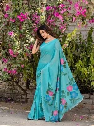 Turquoise Floral Elegance Designer Printed Saree