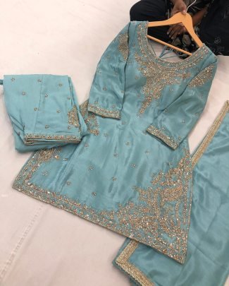 Turquoise Pure Handwork Straight Shirt With Heavy Salwar Suit 