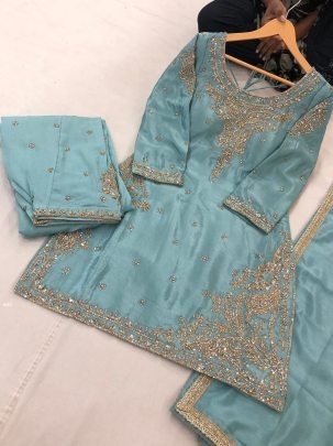 Turquoise Pure Handwork Straight Shirt With Heavy Salwar Suit