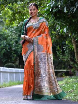 Tussar Silk Orange Saree With Warli Print Design