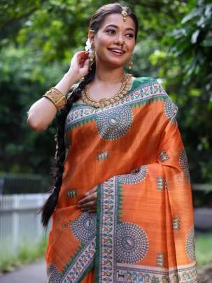 Tussar Silk Orange Saree With Warli Print Design