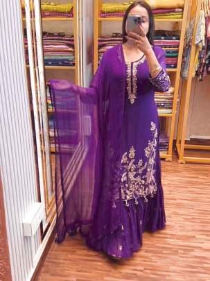 Unic Style Purple Georgette Gown Kurti Dupatta Set