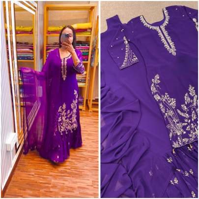 Unic Style Purple Georgette Gown Kurti Dupatta Set