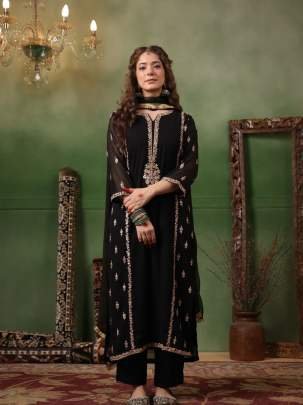 Uniqe Black Embroidery Work Three Piece Kurtis Set