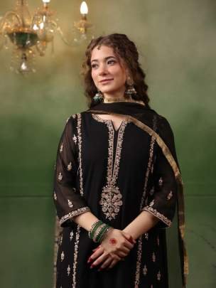 Uniqe Black Embroidery Work Three Piece Kurtis Set