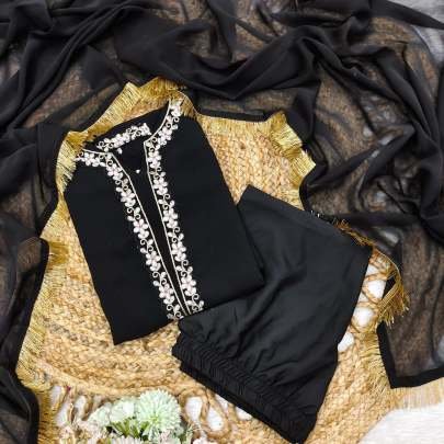 Uniqe Black Embroidery Work Three Piece Kurtis Set