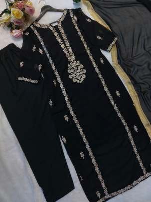 Uniqe Black Embroidery Work Three Piece Kurtis Set