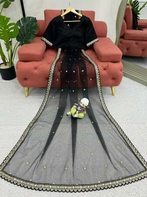Unique Design Black Colour Soft Net Saree