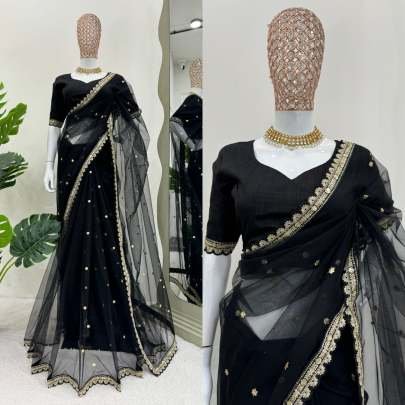 Unique Design Black Colour Soft Net Saree