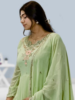 Unique Rediam Pista Color Gown with Pant and Dupatta