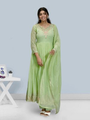 Unique Rediam Pista Color Gown with Pant and Dupatta