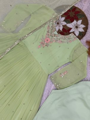 Unique Rediam Pista Color Gown with Pant and Dupatta