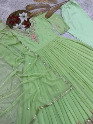 Unique Rediam Pista Color Gown with Pant and Dupatta