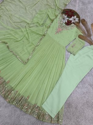 Unique Rediam Pista Color Gown with Pant and Dupatta