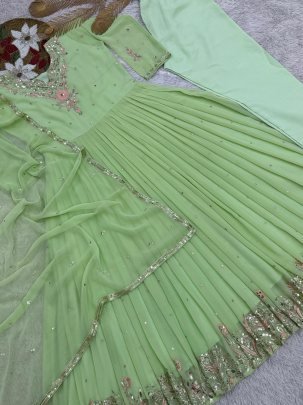 Unique Rediam Pista Color Gown with Pant and Dupatta
