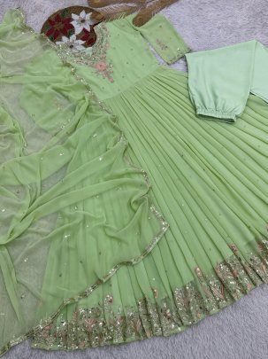 Unique Rediam Pista Color Gown with Pant and Dupatta