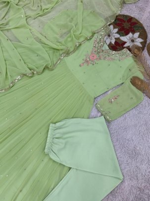 Unique Rediam Pista Color Gown with Pant and Dupatta