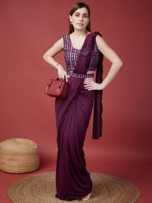 Unique Wine Ready to Wear Saree with Frill Border
